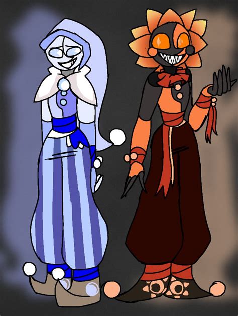 two cartoon characters standing next to each other in front of a dark