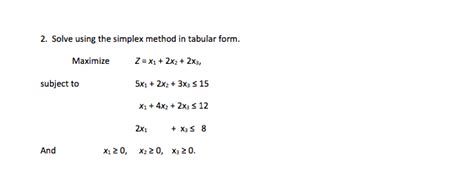 Solved 2 Solve Using The Simplex Method In Tabular Form