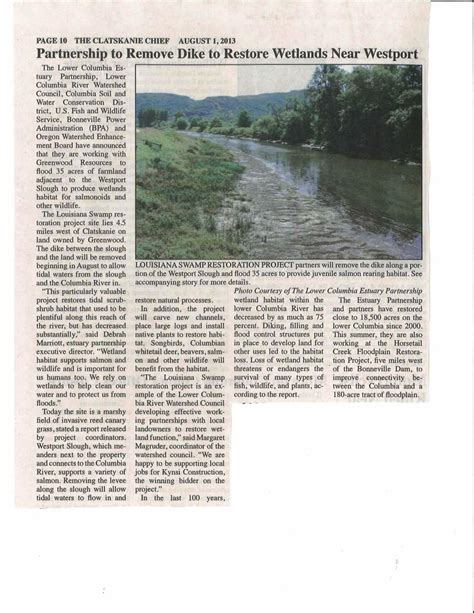 In the News: The Clatskanie Chief, Partnership to Remove Dike to ...