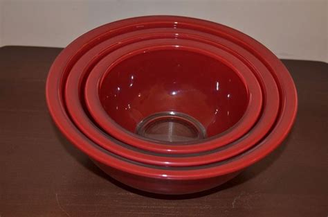 Set Of 3 Pyrex Nesting Mixing Bowls Cranberry Burgundy Red Glass Clear