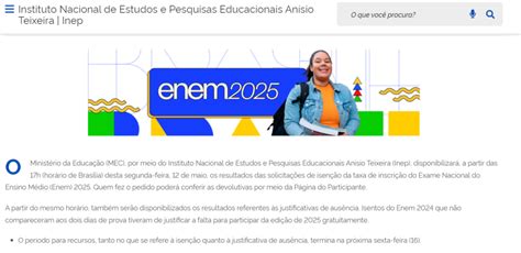 Enem Inep Gov Br 2025 Participante Isenção - Enem 2025: Inep antecipa resultado da isenção da taxa de inscrição ...