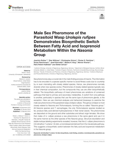 PDF Male Sex Pheromone Of The Parasitoid Wasp Urolepis Rufipes Demonstrates Biosynthetic