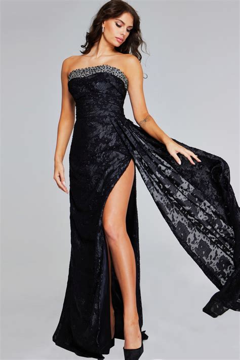 Elegant Black Strapless Gown with Embellished Bodice and Side Slit