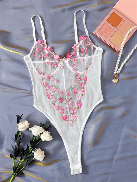 Mulheres Bordado Flor Transparente Bodysuit Babydoll Sexy Lingerie Sensual Mesh Net Ver Atrav S
