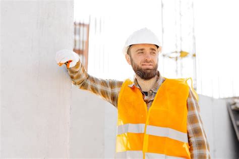 Builder Repairman Foreman In Safety Helmet And Vest Works At His