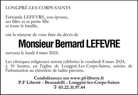 Avis De Décès De Bernard Lefevre Pompes Funèbres Liberté Brusadelli