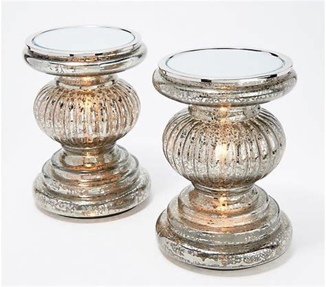 Set Of 2 Lit Candle Holder Pedestals With Mirror Inserts By Valerie