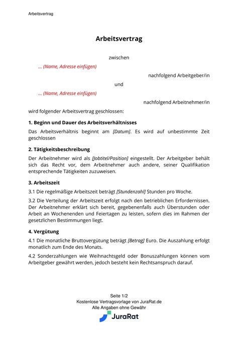 Arbeitsvertrag Muster Kostenlose Word Und PDF Vorlage