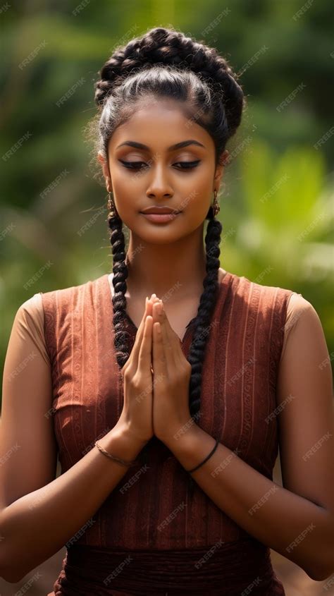 Sri Lanka Girl Two Hands Pressed Together In Prayer Position Or Namaste Or Aayubowan Premium