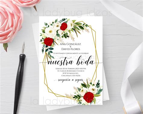 Invitacion Boda Para Editar Imprimir Con Flores Rojas Y Blancas