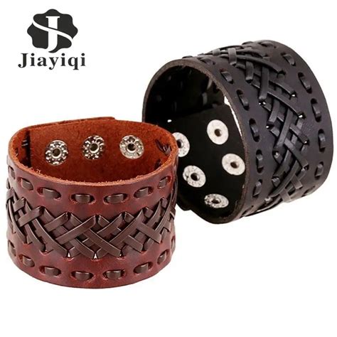 Jiayiqi Pulsera De Cuero Genuino Para Hombre Brazalete Ancho Estilo