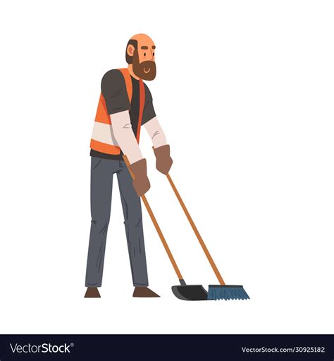 Man Janitor Sweeping With Broom And Scoop Male Vector Image