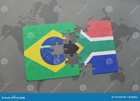 Puzzle With The National Flag Of Brazil And South Africa On A World Map