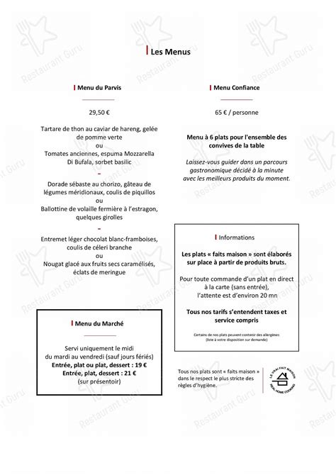 Menu Au Le Parvis Restaurant Saintes Bis Quai De L Yser