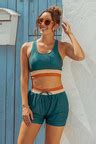 Teal Colorblock Square Neck Wide Straps Sporty Bikini Top And High Waist Boy Shorts