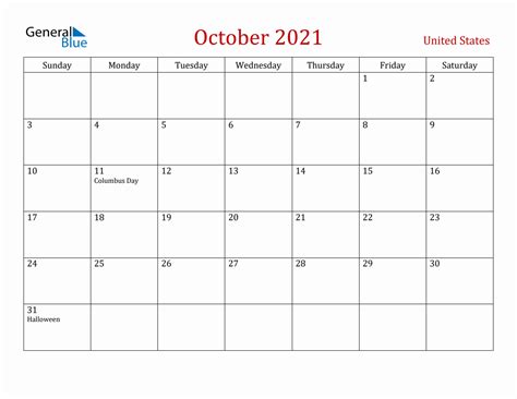 October 2021 United States Monthly Calendar with Holidays