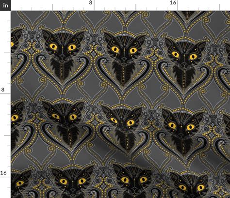 Black Cat Halloween Damask Fabric Spoonflower