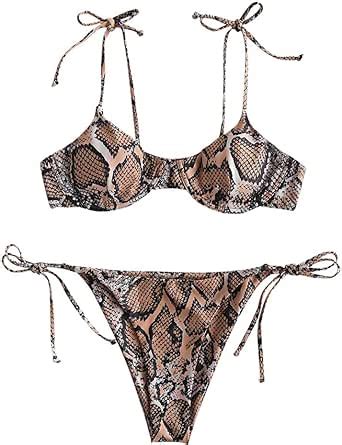 Amazon Zaful Women S Snakeskin Print Swimsuit High Cut Bikini Set Straps Two Piece Bathing