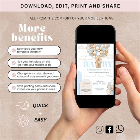 Editable We Can Bearly Wait Baby Shower Invite Hot Air Balloon Blue Boy Teddy Bear Theme Boho