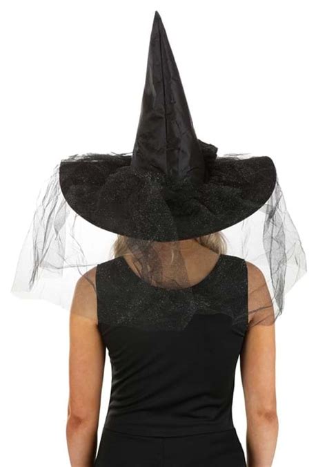 Womens Sparkly Black Witch Hat With Veil