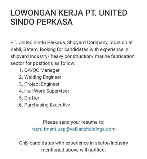 lowongan kerja batam pt united sindo perkasa  lowongan