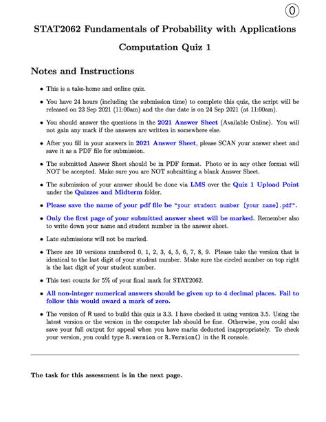 STAT2062 2021 Quiz 1 Version 0 0 STAT2062 Fundamentals Of Probability