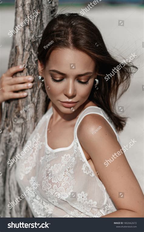 Sexy Brunette White Swimsuit Bodysuit On Stock Photo 1802662672 Shutterstock