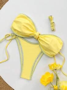 Swim Mod Conjunto de Maiô Bikini Bandeau Franzido e Amarrado Minimalista Casual de Praia para