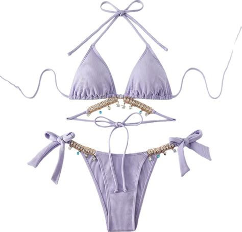 Generic Womens Sexy Lace Up Bikini Sets For Sexy G String Solid Color Beach Cover Ups For