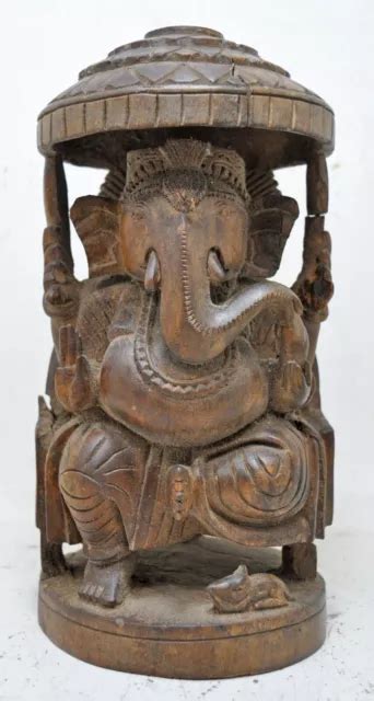 Antique En Bois God Ganesha Idol Figurine Original Vieux Sculpt