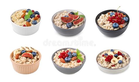 Set With Tasty Oatmeal Porridge Served With Berries Fruits And Nuts On