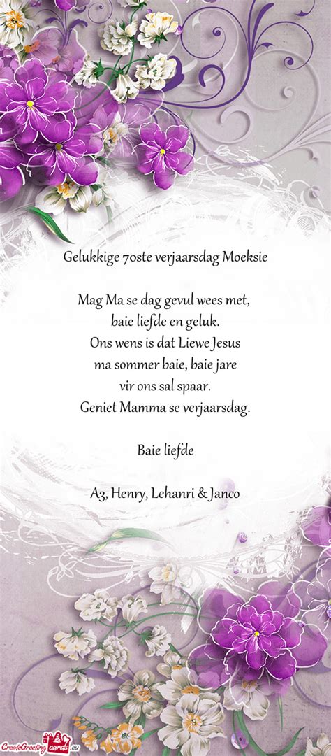 Gelukkige 70ste Verjaarsdag Moeksie Free Cards