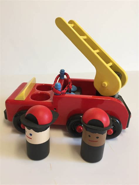 Wooden Toy Hand-Painted Fire Truck w/ Two Firemen