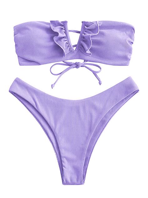 Conjunto De Bikini Zaful Para Mujer Sin Tirantes Acanalado En V Con Cable Morado Talla S