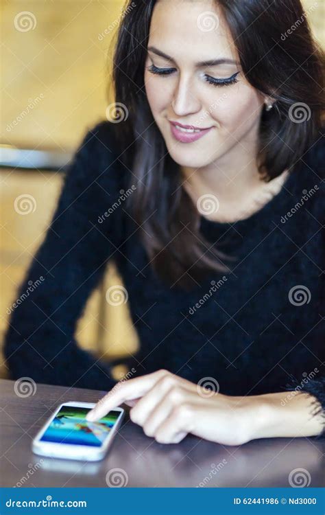 Beutiful Brunette Using Phone Stock Photo Image Of Caucasian Beauty
