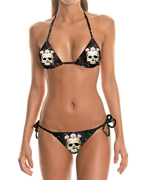 Emmiol Free Shipping Skull Rose Printed Halter Triangle Bikini Set