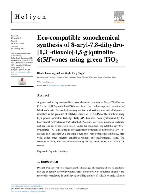 Pdf Eco Compatible Sonochemical Synthesis Of Aryl Dihydro