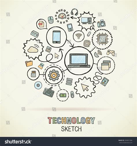 Technology Hand Drawing Integrated Sketch Icons Vector Doodle