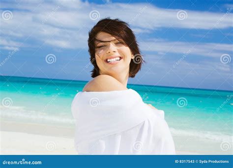 Happy Woman With White Sarong Stock Image Image Of Bright Paradise