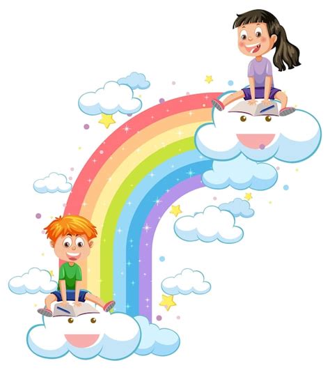 Premium Vector Happy Children With Rainbow