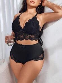 Pcs Lace Spliced Plus Size Bra And Panty Set Wireless Sexy Lingerie Shein Usa