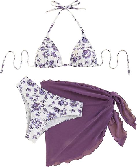 Bikini Sets For Women Piece Floral Print Halter Triangle Bathing Suit Swimsuit With Sarong