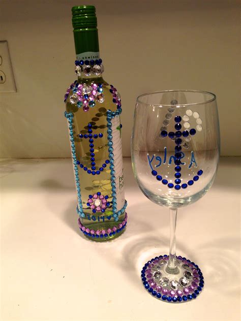 21st Birthday Present Nautical Inspired Bejeweled Wine Bottle And Wine Glass 21st Birthday