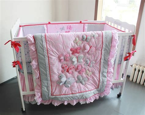 Elegant Princess Baby Crib Bedding Sets 7pcs Nursery Cot Kit set 3D Pink Butterflys Lace Quilt ...