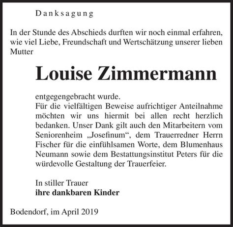 Traueranzeigen Von Louise Zimmermann Abschied Nehmen De