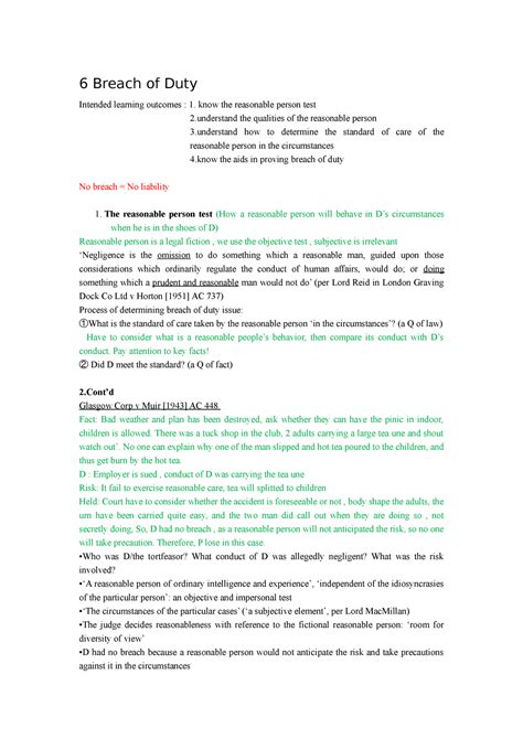 6 Breach Of Duty Lecture Notes 6 6 Breach Of Duty Intended Learning