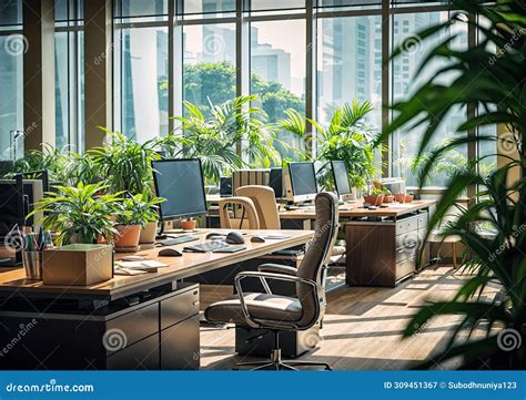 Modern Office Interior With Furniture And Green Plants Workplace