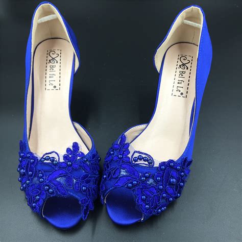 Blue Wedding Heel,Bridal Shoes,Lace Satin Wedding Shoes,Pump,Blue Peep Toe Heels - Bridal Shoes