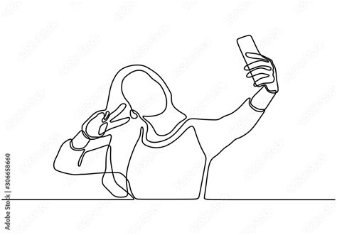 Continuous One Line Drawing Of Selfie Girl Vector Woman Or Person