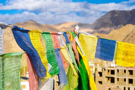 Colorful Buddhism Prayer Flags Lungta With Buddism Symbols In Ladakh